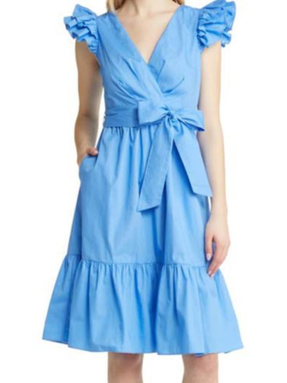 Eliza J Light Blue Ruffle Faux-Wrap Dress | Size 6